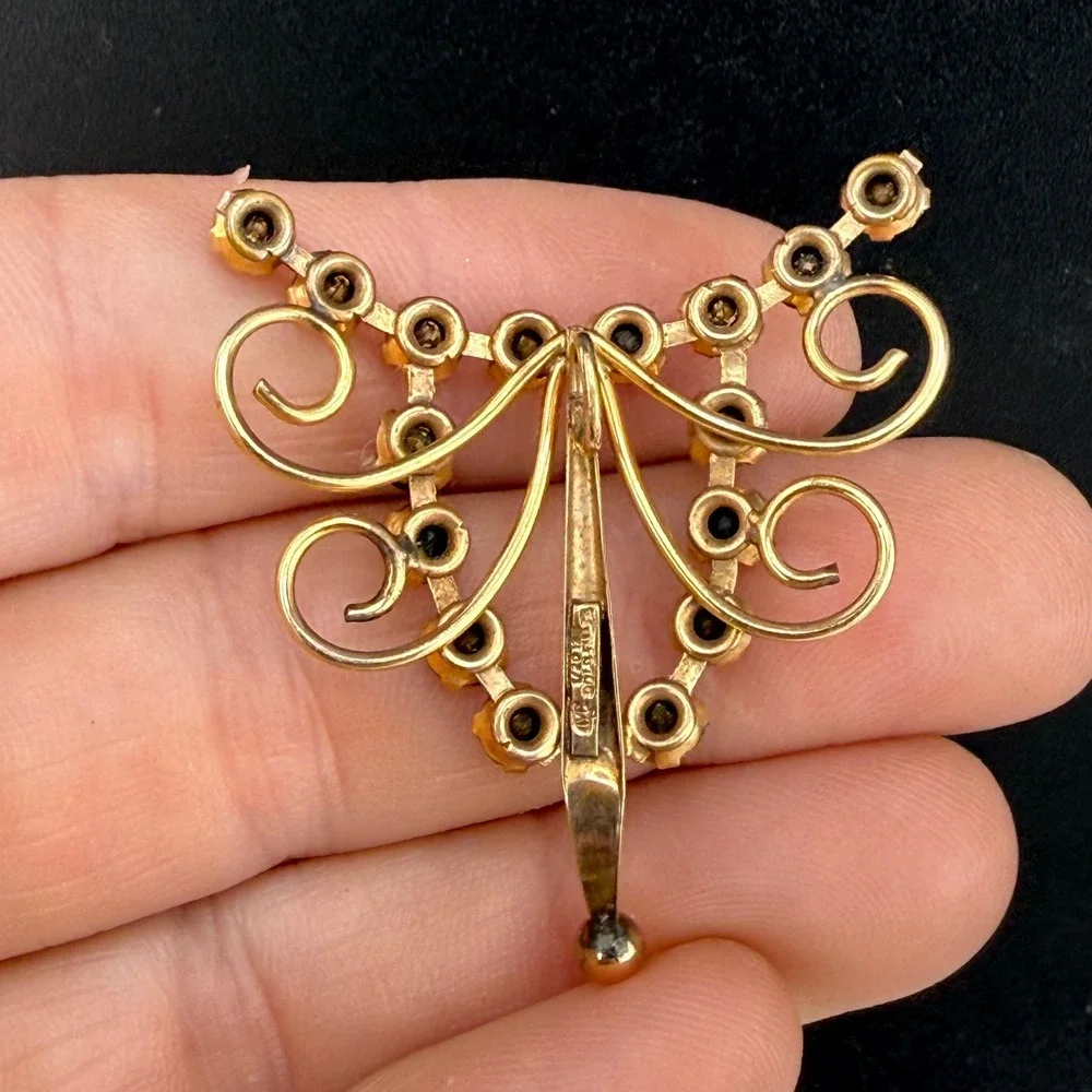 Vintage AMCO Brooch Gold Blue Rhinestone Gold Filled Mid Century Fan